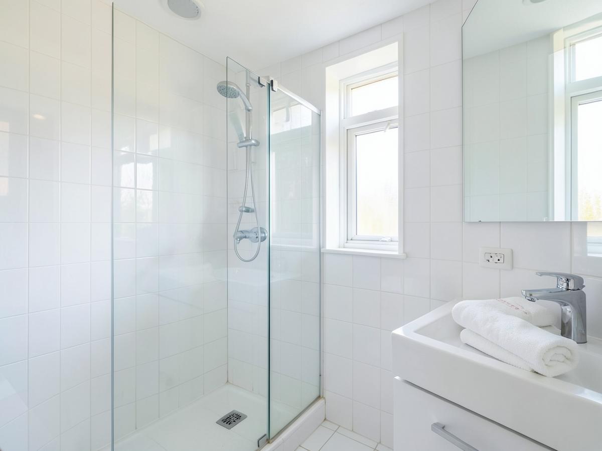 Sparkling bathroom with clean glass shower after a move-out clean